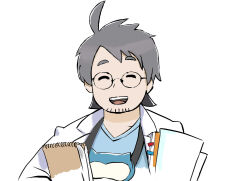  1boy :d absurdres ahoge beard_stubble blue_shirt closed_eyes coat commentary_request facial_hair glasses happy highres male_focus neroli_(pokemon) notebook open_clothes open_coat open_mouth pokemon pokemon_sleep round_eyewear sav_(kageshitasav) shirt short_hair simple_background sleep_mask smile solo stubble teeth tongue upper_teeth_only white_background white_coat 