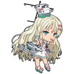  1girl anti-aircraft_gun blonde_hair dress full_body grecale_(kancolle) green_eyes hair_ornament hair_ribbon kantai_collection long_hair looking_at_viewer machinery one-take open_mouth paravane ribbon sailor_dress sandals sleeveless sleeveless_dress smile solo tan torpedo torpedo_launcher torpedo_tubes turret white_dress 