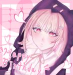  1girl blush brown_hair danganronpa_(series) danganronpa_2:_goodbye_despair happy_birthday heart highres hood hood_up jacket medium_hair nanami_chiaki neck_ribbon paina pink_background pink_eyes pink_ribbon portrait purple_jacket ribbon shirt solo spaceship_hair_ornament upper_body white_background white_shirt 