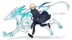  1boy 1other black_coat blonde_hair child coat kaworu_(kaw_lov) monster 