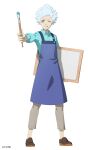  1boy apron black_clover black_clover_m:_rise_of_the_wizard_king blue_apron blue_shirt brown_eyes brown_footwear brown_pants canvas_(object) collared_shirt full_body highres holding holding_paintbrush looking_at_viewer official_alternate_costume official_art one_eye_closed paintbrush painter_(stereotype) pants rill_boismortier shirt shoes short_hair simple_background solo spiky_hair tongue tongue_out white_background white_hair 