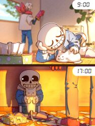 2boys 2d 2koma ^_^ animal artist_name black_shorts blue_jacket blue_shorts brothers cat closed_eyes comic day digital_media duo gloves height_difference highres holding holding_animal holding_cat hood hood_down hooded_jacket humanoid indoors jacket looking_to_the_side male male_focus male_only monster monster_boy multiple_boys noah_(rokoroko) out_of_frame papyrus_(undertale) red_gloves red_scarf sans_(undertale) scarf shirt shorts siblings silent_comic skeleton sneakers striped_clothes striped_shorts teeth timestamp tissue tissue_box twitter_username undead undertale white_shirt white_stripes