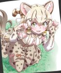  1girl absurdres animal_ears bow bowtie cat_ears cat_girl cat_tail extra_ears geoffroy&#039;s_cat_(kemono_friends) green_eyes grey_hair highres kemono_friends kemono_friends_v_project long_hair looking_at_viewer lowlandgorilla outdoors ribbon shirt skirt solo suspenders tail thigh-highs twintails virtual_youtuber 