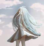  1girl absurdly_long_hair absurdres arms_behind_back blue_hair choker closed_eyes clouds dress from_side gem granblue_fantasy highres itsukaonline light_blue_hair long_hair lyria_(granblue_fantasy) muted_color open_mouth outdoors ribs sky sleeveless sleeveless_dress solo standing very_long_hair white_dress 
