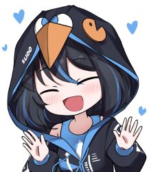  1girl :d animal_hood arch_linux ayaya~ black_hair black_jacket blue_hair blue_tank_top blush breasts closed_eyes commentary heart hood hood_up hooded_jacket jacket krita_(medium) linux long_sleeves medium_hair multicolored_hair open_mouth os-tan puffy_long_sleeves puffy_sleeves raviolimavioli simple_background small_breasts smile solo streaked_hair tank_top two-tone_hair upper_body white_background 