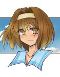  1girl blue_background blue_sailor_collar border brown_eyes brown_hair clouds cloudy_sky collarbone hairband highres kaho_(sister_princess) light_smile looking_at_viewer outside_border r2ndmix sailor_collar short_hair sister_princess sky solo upper_body white_border yellow_hairband 