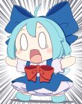  1girl absurdres ahoge blue_dress blue_footwear blue_hair blush_stickers bow cirno dress full_body hair_between_eyes hair_bow highres kame_(kamepan44231) open_mouth pinafore_dress shirt shoes short_hair short_sleeves sleeveless sleeveless_dress solo touhou white_shirt 