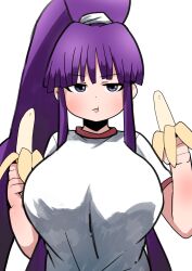  1girl absurdres arapan banana blunt_bangs blush breasts eating eiken eyebrows eyelashes food fruit grey_eyes gym_shirt highres holding_bandana huge_breasts long_hair misono_kirika ponytail purple_hair shirt sidelocks very_long_hair 