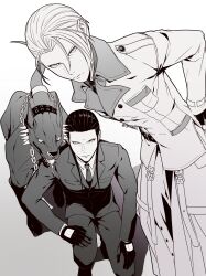  2boys absurdres animal_collar bindi black_gloves black_hair black_jacket black_necktie black_pants black_suit coat collar collared_shirt dark_nation dobermann dog final_fantasy final_fantasy_vii final_fantasy_vii_remake gloves grey_shirt greyscale hair_between_eyes hair_pulled_back hair_slicked_back highres igusaharu jacket long_hair male_focus monochrome multiple_boys necktie on_one_knee open_mouth pants rufus_shinra shirt short_hair sidelocks spiked_collar spikes suit suit_jacket tseng twitter_username white_background white_coat white_shirt 