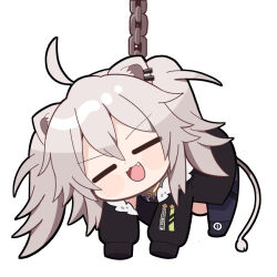  :d =_= ahoge animal_ears black_jacket black_pantyhose black_shirt blush_stickers chain check_commentary chibi chibi_only closed_eyes commentary_request double-parted_bangs fang full_body fur-trimmed_jacket fur_trim grey_hair hair_between_eyes hanging hololive jacket lion_ears lion_girl lion_tail long_hair long_sleeves messy_hair nabe_(nabe_otome) open_mouth pantyhose shirt shishiro_botan shishiro_botan_(1st_costume) simple_background single_leg_pantyhose smile tail two_side_up virtual_youtuber white_background 