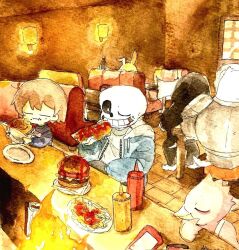1other 2025 2d 3girls 4boys ambiguous_gender bird bird_girl blue_jacket brown_hair burger counter digital_media dogamy dogaressa drunk_bun eating elemental_(creature) fire_elemental floor food french_fries frisk_(undertale) furry furry_female furry_male greater_dog grillby holding holding_food hot_dog human humanoid in-universe_location indoors jacket ketchup ketchup_bottle male mizo_ut_illust monster monster_boy multiple_boys multiple_girls mustard_bottle orange_skin plate red_bird_(undertale) restaurant sans_(undertale) short_hair skeleton teeth undead undertale utdr_(toby_fox)