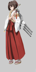 1girl absurdres adapted_turret arrow_(projectile) brown_eyes brown_hair ema grey_background hair_intakes hakama hamaya highres ise_(kancolle) japanese_clothes kantai_collection kimono kosode looking_at_viewer miko ponytail red_hakama rope sandals short_hair simple_background smile socks solo standing tabi tsun&#039;ichi_(tsun1) white_kimono white_socks 