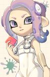  1girl absurdres agent_8_(splatoon) artist_name bodysuit color_chip_(splatoon) commentary earrings grid_background highres hoop_earrings jewelry looking_at_viewer mano_(mix103) medium_hair octoling octoling_girl octoling_player_character parted_lips purple_hair simple_background sleeveless sleeveless_bodysuit solo splatoon_(series) splatoon_3 splatoon_3:_side_order standing tentacle_hair thick_eyebrows twitter_username violet_eyes white_background white_bodysuit 