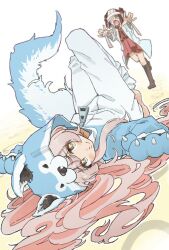  2girls :o animal_costume animal_ear_fluff animal_ear_hood animal_ears animal_hands bandage_over_one_eye bandaged_arm bandaged_head bandages belt black_hair black_socks claws commentary fake_animal_ears fake_tail fang full_body gloves hair_spread_out halloween_costume highres hood hood_up kneehighs lab_coat long_hair looking_at_viewer lying multiple_girls on_back onesie onii-chan_wa_oshimai! open_mouth oyama_mahiro oyama_mihari paw_gloves pink_hair red_shirt running shirt siblings simple_background sisters smile socks solo_focus tail twintails wolf_costume wolf_ears wolf_hood wolf_tail yellow_eyes yuzuponzup zipper_pull_tab 