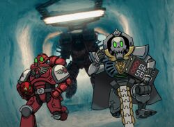  3boys adeptus_astartes armor blood_angels blood_ravens cape chibi jetpack multiple_boys necron power_armor robot running running_towards_viewer screenshot_background skeleton skull thegraffitisoul tunnel warhammer_40k 
