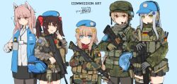  5girls absurdres animal_ears artist_name assault_rifle baseball_cap belgium_armed_forces beret black_pantyhose black_thighhighs blonde_hair blue_background blue_eyes blue_vest brown_hair bullpup camouflage cat_ears chinese_commentary coffee_mug collared_shirt commission cowboy_shot cross_hair_ornament cup dated english_commentary fn_fnc fnc_(girls'_frontline) german_army girls_frontline gloves green_eyes grey_hair gun h&amp;k_hk416 hair_ornament hair_ribbon hat headset helmet highres hk416_(girls'_frontline) holster kochiya_tenko lanyard load_bearing_vest looking_at_viewer military_combat_uniform military_uniform mixed-language_commentary mug multiple_girls open_clothes open_mouth open_vest ots-14_(girls'_frontline) ots-14_groza pantyhose people's_liberation_army people's_liberation_army_ground_force persica_(girls'_frontline) pixiv_commission pleated_skirt qbz-97 red_eyes red_ribbon ribbon rifle russian_ground_forces shirt skirt smile thigh-highs thigh_holster type_97_(girls'_frontline) united_nations unworn_headwear unworn_helmet v vest weapon white_shirt yellow_eyes 