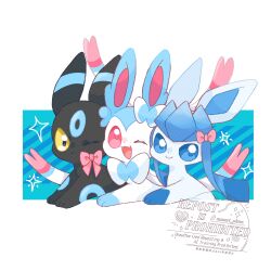  absurdres alternate_color blue_hair bow commentary fang glaceon happy highres maaari_pkmn no_humans one_eye_closed pink_eyes pokemon pokemon_(creature) shiny_pokemon smile sylveon symbol-only_commentary umbreon 