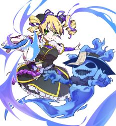  1girl black_dress blonde_hair blue_fire blush breasts card china_dress chinese_clothes cowboy_shot digimon digimon_card_game digimon_liberator digua92537359 double_bun dress drill_hair fire ghost ghostmon green_eyes hair_bun highres holding holding_card large_breasts long_hair multicolored_hair official_alternate_costume ofuda purple_hair simple_background smile stitched_mouth stitches trading_card twin_drills twintails two-tone_hair white_background 