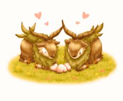 a26g8 animal_focus berry_(pokemon) black_eyes bright_pupils closed_mouth commentary_request flower grass heart horns looking_down lying no_humans pecha_berry pokemon pokemon_(creature) skiddo smile white_pupils