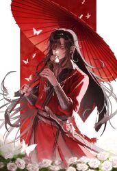  1boy absurdres arched_bangs backlighting beads belt black_nails bracelet braid brown_belt brown_hair bug butterfly butterfly_necklace carnation chain_belt chinese_clothes closed_mouth collarbone cowboy_shot curtained_hair double_vertical_stripe eyepatch fingernails floating_hair flower flower_bed flower_to_mouth glowing glowing_butterfly gong_(tgcf_gong) hair_beads hair_behind_ear hair_ornament half-closed_eyes hand_up hands_up hanfu highres holding holding_flower holding_umbrella hua_cheng jewelry leather_belt light_smile limited_palette long_hair looking_afar male_focus mandarin_collar multiple_belts necklace o-ring oil-paper_umbrella pants parted_bangs pelvic_curtain red_background red_eyes red_hanfu red_theme red_umbrella scabbard scimitar sheath sheathed side_braid silver_belt silver_bracelet silver_necklace single_braid slit_pupils standing straight_hair string string_around_finger string_of_fate striped_background sunlight swept_bangs sword sword_tassel tassel tianguan_cifu two-tone_background umbrella vertical-striped_background very_long_hair weapon white_background white_butterfly white_carnation white_flower white_pants white_theme wispy_bangs 