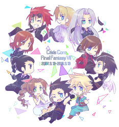  2girls 6+boys aerith_gainsborough angeal_hewley arm_up armor arms_behind_head belt bindi black_coat black_feathers black_gloves black_hair black_necktie black_pants black_suit black_wings blonde_hair blue_eyes blue_pants blue_shirt boots bright_pupils brown_belt brown_eyes brown_footwear brown_gloves brown_hair buster_sword chest_strap chibi chibi_only cissnei cloud_strife coat collared_shirt commentary_request copyright_name crisis_core_final_fantasy_vii crossed_arms curly_hair dated dress earrings everyone expressionless facial_hair facial_mark feathered_wings feathers final_fantasy final_fantasy_vii full_body genesis_rhapsodos glasses gloves goggles goggles_on_head green_eyes grey_hair grin gun hair_intakes hair_slicked_back handgun high_ponytail highres holding holding_gun holding_weapon jacket jewelry lazard_deusericus light_smile long_bangs long_hair looking_at_another low_ponytail medium_hair multiple_boys multiple_girls necktie one_eye_closed open_mouth over_shoulder own_hands_together pants parted_bangs pauldrons pentacle_dark pink_ribbon pinstripe_jacket pinstripe_pattern ponytail purple_jacket rectangular_eyewear red_coat red_hair reno_(ff7) ribbon scar scar_on_face sephiroth shinra_infantry_uniform shirt short_ponytail shoulder_armor single_wing sitting sleeveless sleeveless_turtleneck smile stud_earrings suit suit_jacket suspenders sword sword_over_shoulder triangle tseng turtleneck very_long_hair weapon weapon_over_shoulder white_background white_dress white_shirt white_wings wings zack_fair 