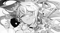  1boy eyepatch gloves greyscale hair_between_eyes half_gloves holostars holostars_english kazari_tayu long_hair looking_at_viewer male_focus monochrome octavio octavio_(2nd_costume) parted_lips poppet_(octavio) portrait simple_background solo white_background 