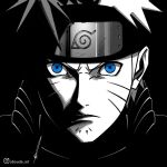  1boy aboude_art artist_name blue_eyes closed_mouth commentary facial_mark forehead_protector instagram_logo instagram_username konohagakure_symbol limited_palette looking_at_viewer male_focus naruto_(series) naruto_shippuuden short_hair signature solo spiky_hair uzumaki_naruto whisker_markings 