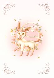  a26g8 animal_focus blush bow fang flower leaf no_humans open_mouth pokemon pokemon_(creature) prehensile_ribbon ribbon smile standing sylveon 