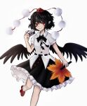  1girl bird_wings black_hair black_skirt black_wings camera geta hat hauchiwa highres pom_pom_(clothes) red_eyes red_headwear shameimaru_aya short_hair skirt smile solo temshi tokin_hat touhou wings 