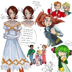  4boys 5girls animal_ears black_hair blonde_hair cosmo_(sonic) crunchcontrol dark-skinned_male dark_skin earrings feather_hair_ornament feathers fox_ears frances_(sonic_x) furry furry_male gloves hair_ornament helen_(sonic_x) highres jewelry looking_at_viewer looking_over_eyewear molly_(sonic_x) multiple_boys multiple_girls orange_hair princess_elise_the_third red_hair sonic_(series) sonic_the_hedgehog_(2006) sonic_x sweat tails_(sonic) thumbs_up wheelchair white_gloves 