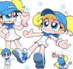  1girl adjusting_clothes adjusting_headwear bare_arms bare_legs baseball baseball_(object) baseball_bat baseball_cap blonde_hair blue_eyes blue_footwear blue_headwear blue_hood blush bubbles_(ppg) commentary cowboy_shot dress english_commentary flat_chest full_body hand_on_own_hip hat highres holding holding_baseball_bat hooded_dress kim_crab looking_ahead lying messy_hair multicolored_wristband multiple_views no_nose powerpuff_girls shoes short_dress short_hair short_twintails sleeveless sleeveless_dress sneakers socks solo standing thighs toon_(style) twintails white_background white_dress white_socks 