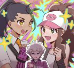  1boy 2girls annoyed baseball_cap bede_(pokemon) black_hair blue_hair brown_hair coat collared_shirt commentary_request curly_hair dark-skinned_female dark_skin freckles green_hair grey_hair hair_pulled_back hat high_ponytail highres hilda_(pokemon) honda_(honndamaria) long_hair multicolored_hair multiple_girls naranja_academy_school_uniform necktie nemona_(pokemon) open_mouth orange_eyes orange_necktie own_hands_together poke_ball_print pokemon pokemon_bw pokemon_masters_ex pokemon_sv pokemon_swsh ponytail purple_coat school_uniform shirt short_hair short_sleeves sidelocks smile sparkle sparkling_eyes speech_bubble streaked_hair sweatdrop two-tone_hair violet_eyes 