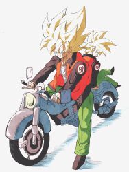  2boys blonde_hair dragon_ball dragon_ball_z green_eyes green_pants highres jacket medium_hair motor_vehicle motorcycle multiple_boys number_pun official_alternate_costume open_clothes open_jacket orange_jacket pants pato007711 riding shirt simple_background sitting solo_focus son_gohan son_goku spiky_hair super_saiyan super_saiyan_1 white_background white_shirt 