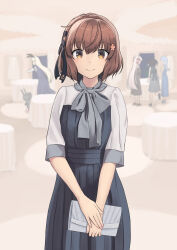  5girls alternate_costume amatsukaze_(kancolle) anchor_symbol ascot bag black_ribbon brown_eyes brown_hair dress flower grey_ascot grey_dress hair_flower hair_ornament hair_ribbon handbag hatsukaze_(kancolle) highres kantai_collection looking_at_viewer multiple_girls rensouhou-chan ribbon shimakaze_(kancolle) smile solo_focus table tokitsukaze_(kancolle) yuki_4040 yukikaze_(kancolle) yukikaze_kai_ni_(kancolle) 