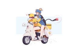  2girls absurdres ahoge alternate_costume animal bag bare_legs blue_background blue_helmet blue_jacket border braid brown_hair chinese_commentary commentary concentrating contemporary danjin_(wuthering_waves) delivery dust_cloud from_side full_body glowing_tail grey_shorts hair_ears hair_over_one_eye hair_over_shoulder hair_through_headwear hamster helmet highres jacket joy_emoji letterboxed long_hair long_sleeves low_ponytail lumi_(wuthering_waves) mechanical_tail motor_vehicle motorcycle_helmet multiple_girls outside_border oversized_animal plastic_bag pointing ponytail rear-view_mirror red_hair red_socks riding_scooter scooter shoes short_eyebrows shorts smile sneakers socks tail twin_braids wheel white_border white_footwear white_shorts wuthering_waves xini_m yellow_helmet yellow_jacket yin_yang_hair_ornament 