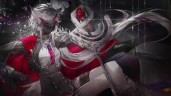  0_(znanimo) 1girl animal_ears arknights belt black_gloves black_jacket black_skirt cape card feet_out_of_frame gloves gradient_necktie grey_hair hair_between_eyes hair_ornament hairclip high-waist_skirt highres holding holding_card holding_sword holding_weapon jacket lappland_(arknights) lappland_the_decadenza_(arknights) long_hair long_sleeves material_growth messy_hair necktie open_clothes open_jacket oripathy_lesion_(arknights) red_cape red_gloves red_necktie shirt skirt solo sword thigh_belt thigh_strap weapon white_shirt wolf_brooch wolf_ears wolf_girl wolf_mask 