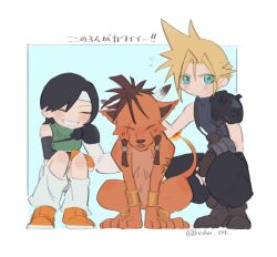  1girl 2boys animal aqua_background aqua_eyes armor baggy_pants beads black_hair black_pants blonde_hair blue_shirt blush body_markings boots border breasts brown_footwear brown_hair chibi closed_eyes cloud_strife earrings feather_hair_ornament feathers final_fantasy final_fantasy_vii flame-tipped_tail full_body grin hair_beads hair_between_eyes hair_ornament headband jewelry loose_socks medium_breasts multiple_boys orange_footwear orange_fur pants pauldrons red_xiii scar scar_across_eye shirt shoes short_hair shoulder_armor sidelocks single_bare_shoulder single_earring single_pauldron sleeveless sleeveless_turtleneck smile sneakers socks spiky_hair squatting suspenders teeth turtleneck vani_(hisha_04) white_border white_headband yuffie_kisaragi 