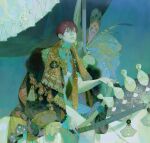  1boy absurdres earrings feathers feet_out_of_frame highres jewelry original parted_lips redhead shadow short_hair solo xiaoquandianer 
