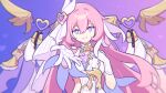  1girl dress elysia_(herrscher_of_human:ego)_(honkai_impact) elysia_(honkai_impact) gloves gold_choker gold_trim hair_ornament heart heart_hair_ornament highres honkai_(series) honkai_impact_3rd looking_at_viewer multicolored_hair parted_lips reaching reaching_towards_viewer sidelocks smile solo streaked_hair triquetra violet_eyes white_dress white_gloves white_hair wings xiaohutu 