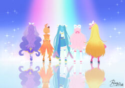  1boy 4girls absurdres ahoge ankle_boots artist_name black_hat blonde_hair blue_cape blue_dress blue_footwear blue_hair boots bow braid butterfly_hat_ornament cape coattails crown_braid cure_butterfly cure_majesty cure_prism cure_sky cure_wing dress elbow_gloves ellee-chan facing_away fringe_trim from_behind gloves gradient_hair hair_bow hair_ribbon hat hat_ornament highres hijiri_ageha hirogaru_sky!_precure jacket knee_boots long_dress long_hair low_ponytail magical_boy magical_girl medium_dress mini_hat mini_top_hat mob_cap multicolored_hair multiple_girls nijigaoka_mashiro orange_footwear orange_gloves orange_hair orange_jacket pink_footwear pink_hair pink_hat pink_ribbon ponytail precure puffy_short_sleeves puffy_sleeves purple_dress purple_footwear purple_hair rainbow razu_kichi reflection ribbon shoes short_sleeves signature sora_harewataru sparkle standing star_(symbol) thigh-highs tilted_headwear top_hat twintails two-tone_dress two_side_up very_long_hair white_bow white_dress white_footwear white_thighhighs wing_hair_ornament yuunagi_tsubasa 