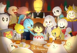 2024 2d 3others 6+boys 6girls alphys ambiguous_gender animal anniversary annoying_dog anthro asgore_dreemurr beard bird birthday_cake black_eyepatch black_shorts blonde_hair blue_jacket blue_shirt blue_shorts blue_skin brothers brown_hair burger cake candle cape colored_sclera copyright_name counter cousins digital_media dog dog_boy dog_girl dogamy dogaressa drink drinking_glass drunk_bun ear_fins elemental_(creature) everyone eyepatch facial_hair female fins fire_elemental fish fish_girl floppy_ears food french_fries frisk_(undertale) furry furry_female furry_male ghost glass glasses gloves goat goat_boy goat_ears goat_girl goat_horns goma_dango_555 greater_dog grillby head_fins high_ponytail highres horns human humanoid indoors jacket lizard lizard_girl lizard_tail long_hair male mammal mettaton mettaton_(box) milk monster monster_boy monster_girl monster_kid_(undertale) multiple_boys multiple_girls multiple_others napstablook non-humanoid_robot open_mouth orange_juice papyrus_(undertale) pink_stripes plate ponytail red_bird_(undertale) red_cape red_gloves red_hair reptile reptile_girl reptile_tail restaurant robot sans_(undertale) scalie sharp_teeth short_hair shorts siblings skeleton slit_pupils striped_clothes striped_shirt striped_shorts table tail teeth text toriel ugly_fish undead undertale undyne utdr_(toby_fox) white_dog white_fur white_horns white_stripes yellow_sclera yellow_teeth