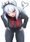  1girl absurdres angry black_jacket black_necktie black_pants bowing crown demon demon_girl demon_horns demon_tail hands_on_own_hips helltaker highres horns jacket long_hair lucifer_(helltaker) mikage_77777 necktie pants red_eyes red_shirt shirt tail white_background white_horns 