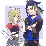  1boy 1girl adaman_(pokemon) adaman_(special_costume)_(pokemon) black_choker black_jacket black_pants blonde_hair blue_hair blue_hoodie border bow_hairband brown_eyes choker closed_mouth commentary_request cropped_shirt earrings eyelashes grey_background grey_eyes grey_shorts grin hairband hand_on_own_hip hand_up hood hoodie irida_(pokemon) irida_(special_costume)_(pokemon) jacket jewelry official_alternate_costume pants pokemon pokemon_masters_ex ponytail sagemaru-br shirt short_hair shorts signature sleeves_past_wrists smile tassel teeth white_border white_hairband 