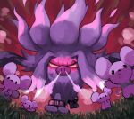  anger_vein angry animal_focus annihilape commentary eve_malus fleeing grey_fur highres maushold maushold_(family_of_four) mouse no_humans on_grass outdoors pokemon pokemon_(creature) red_background running solid_oval_eyes steam steam_from_nose symbol-only_commentary tears 