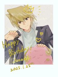  1boy black_jacket blonde_hair border happy_birthday jacket jonouchi_katsuya kiyuubsth male_focus medium_hair scapegoat shirt solo_focus upper_body white_border white_shirt yu-gi-oh! yu-gi-oh!_duel_monsters 