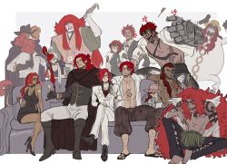  ... 4girls 6+boys angry baccarat_(one_piece) beard_stubble black_bow black_bowtie black_cape black_choker black_dress black_gloves black_hat black_necktie black_shirt black_suit boots bow bowtie calgara cape character_request choker coat couch crossed_legs cup curly_eyebrows dannymans66 dark_skin drawing_(action) dress drinking_glass epaulettes eustass_kid eyewear_on_head facial_hair facial_tattoo figarland_shamrock gloves goggles goggles_on_head grin hair_bobbles hair_ornament hair_over_one_eye hat hat_feather heart heart-shaped_eyewear high_heels highres holding holding_brush kanjuro knee_boots leg_hair long_hair low_twintails medium_hair miss_goldenweek multicolored_hair multiple_boys multiple_girls mustache_stubble necktie on_couch one_piece open_clothes open_mouth open_shirt pink_hat prosthesis prosthetic_arm red_hair rockstar_(one_piece) sandals satori_(one_piece) scar scar_across_eye scar_on_stomach shanks_(one_piece) shirt shishilian_(one_piece) short_hair shoulder_tattoo siblings sitting small_sweatdrop smile spiky_hair stubble suit sunglasses tattoo topless_male twins twintails twirling_mustache two-tone_hair uta_(one_piece) white_coat white_hair white_shirt white_suit white_wings wine_glass wings wyper_(one_piece) 