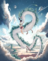  1girl absurdres black_eyes brown_hair claws closed_eyes closed_mouth clouds dawn dragon dragon_horns eastern_dragon flying forest fur-tipped_tail gradient_sky gthlart haku_(sen_to_chihiro_no_kamikakushi) hands_on_another's_face hashtag-only_commentary high_up highres horns lake long_hair mane nature night night_sky ogino_chihiro orange_footwear outdoors ponytail red_scrunchie red_shorts scenery scrunchie sen_to_chihiro_no_kamikakushi shirt shorts sidelocks sky socks star_(sky) starry_sky water_drop whiskers white_scales white_shirt white_socks 