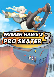  2boys 3girls absurdres ago_(owenanaken) black_pantyhose blue_sky boots brown_footwear capelet clear_sky contemporary cover derivative_work elf english_commentary fake_cover fern_(sousou_no_frieren) floating_hair frieren full_body gold_trim green_eyes halfpipe highres holding holding_skateboard long_sleeves looking_at_viewer multiple_boys multiple_girls outdoors pantyhose parody parted_bangs pointy_ears sein_(sousou_no_frieren) serie_(sousou_no_frieren) skateboard skirt sky sleeve_cuffs solo_focus sousou_no_frieren stark_(sousou_no_frieren) tony_hawk&#039;s_pro_skater traffic_cone twintails video_game_cover video_game_cover_redraw white_capelet white_hair white_skirt 