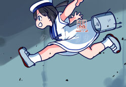  1girl artist_logo black_hair blue_eyes blue_sailor_collar bob_cut commentary_request daitou_(kancolle) dated depth_charge dress hat high_ponytail kantai_collection kutone_shirika logo ponytail running sailor_collar sailor_dress sailor_hat short_hair short_ponytail short_sleeves solo white_dress white_hat 