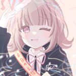  1girl ;d black_jacket blunt_bangs collared_shirt danganronpa_(series) danganronpa_2:_goodbye_despair highres hood hooded_jacket jacket long_sleeves nabi_(mugennabi0625) nanami_chiaki neck_ribbon no_hair_ornament one_eye_closed open_clothes open_jacket open_mouth pink_eyes pink_ribbon ribbon shirt smile translation_request two-tone_shirt 